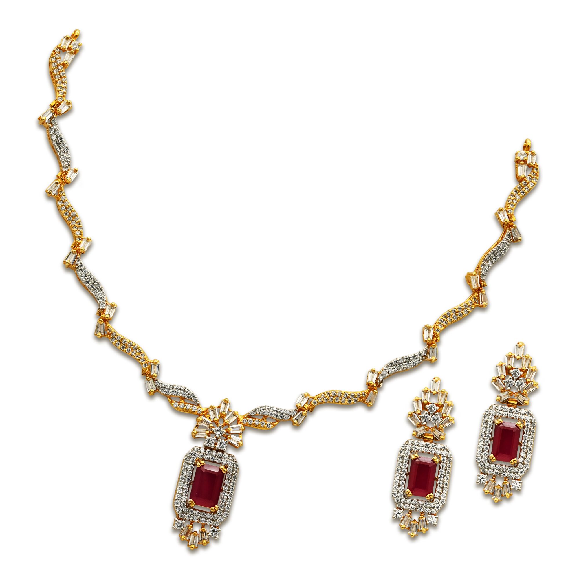 Opus White & Red Zircons Set in 925 Sterling Silver with Gold Plating